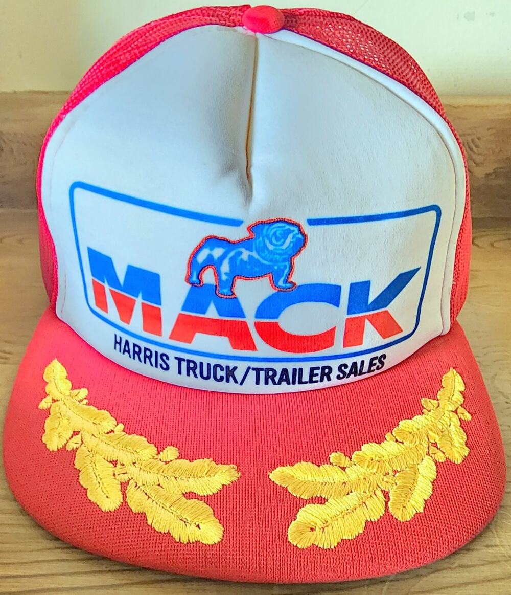 Mack Trucker Hat Harris Sales Bulldog Snapback Men's Red White Gold Leaves